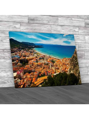 Aerial View Of Town Cefalu Sicily Canvas Print Large Picture Wall Art