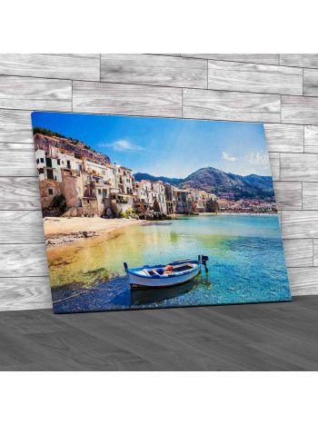 Wooden Fishing Boat In Cefalu Sicily Canvas Print Large Picture Wall Art