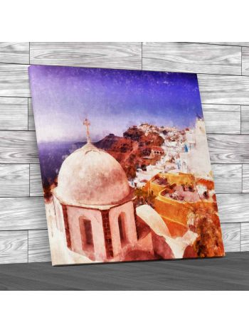 Santorini Watercolor Square Canvas Print Large Picture Wall Art